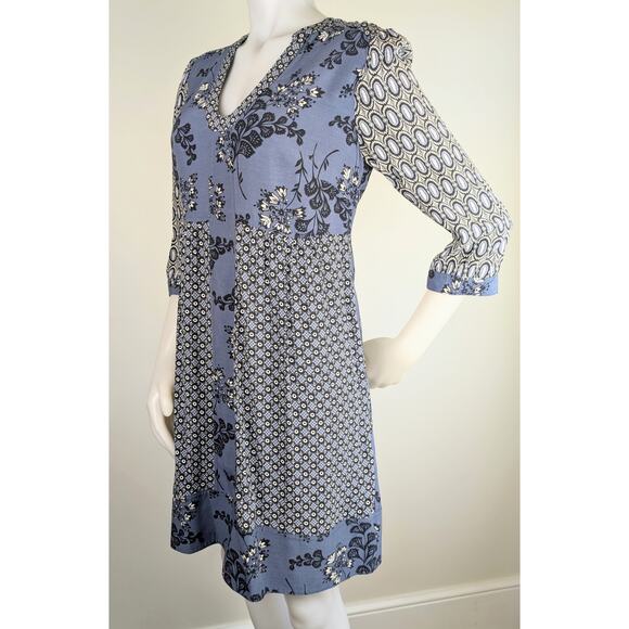 Boden Mollie Blue White Mixed Print Minidress Shift V-Neck 3/4 sleeve Size 8 - Picture 4 of 12